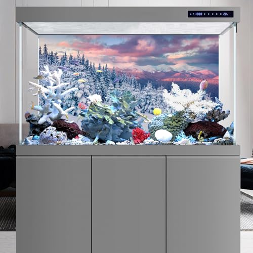 YongFoto Winter Snow Scene Fish Tank Background 24x12 inch Snowfield Pine Forest Rime Sunglow Rosy Clouds Polyester Backdrop Reptile Terrarium Aquarium Bearded Dragon Habitat Background - color: Purple 3, size: 24x12in/60x30cm