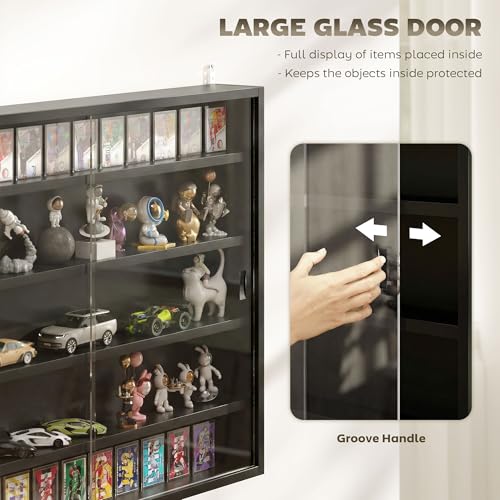 HOMCOM 5-Tier Display Cabinet, Glass Door Cabinet with Adjustable Shelves, Wall-Mounted Display Case for Playroom, Bedroom, Jet Black - color: Jet Black