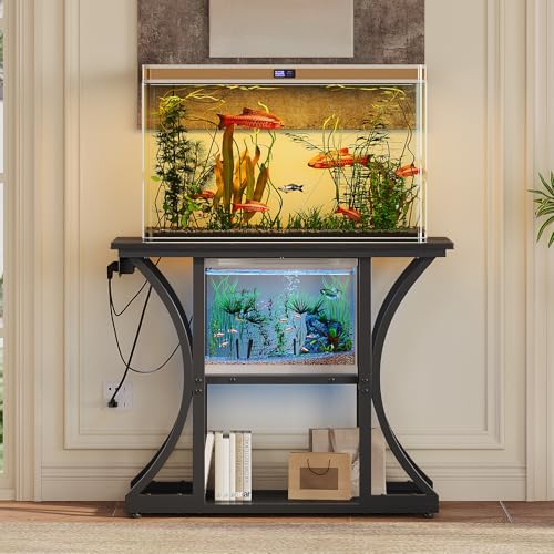 50 Gallon Aquarium Stand with Power Outlets Fish Tank Stand with 3-Tier Storage Shelves Display Stand for Turtle Tank Shelves Metal Frame Stand for Living Room Office Entryway(Black) - color: Black