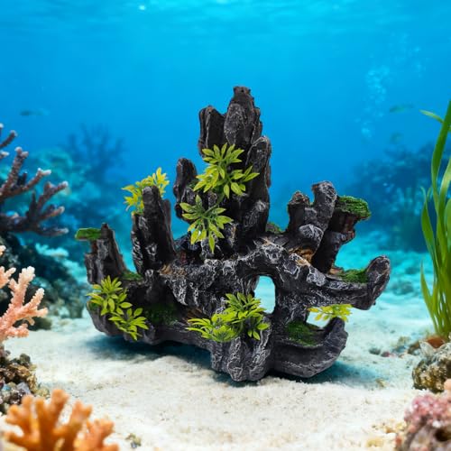 Aquarium Ornaments View Mountain,Fish Tank Decorations Resin Rock Landscape Artificial Stone Aquarium Decor with Plant Cave for Small Fish Shrimp