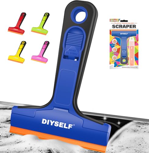 DIYSELF Plastic Razor Blade Scraper, 1 Pack Plastic Scraper Tool with 5 Pcs 4-Inch Plastic Razor Blades, Sticker Remover Tool and Decal Remover for Glass, Window, Labels, Adhesive, Cooktop, Tile - color: Blue, size: 5PCS Plastic Blades