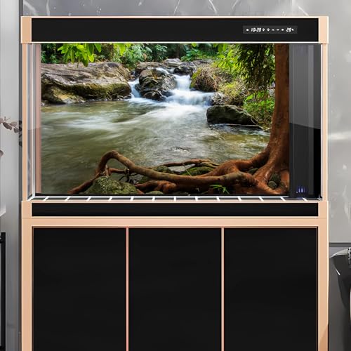 Waterfall Aquarium Background Natural Jungle Rainforest Landscape Terrarium Background Jungle Style Stream Fish Tank Background Waterfall Rainforest Reptile Habitat Background Poster Vinyl 24x12in - color: Brown Root, size: 24(W)x12(H)in