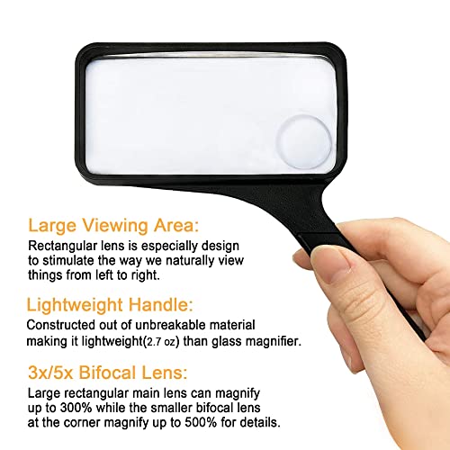 MAGDEPO 3X/5X Rectangular Large Handheld Magnifying Glass Bifocal Magnifier Acrylic Lens for Senior, Low Vision Reading Small Texts on Bottle, Labels, Menus, Hobbies