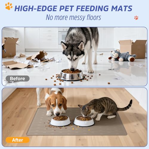 Large Dog Mats for Food and Water, 40"x30" Waterproof Pet Food Mats for Floor Nonslip Silicone Bowl Mats with Raised Edges - color: Light Brown, size: 40"L x 30"W