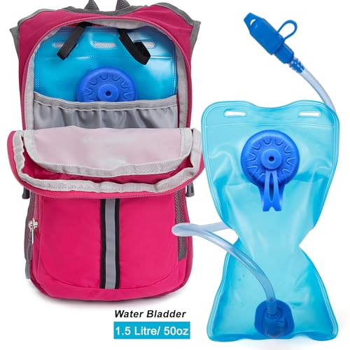 Ivygreen Kids Hydration Backpack, Hiking Backpack for Boys or Girls with 1.5L Water Bladder - color: Rose Red, size: Medium