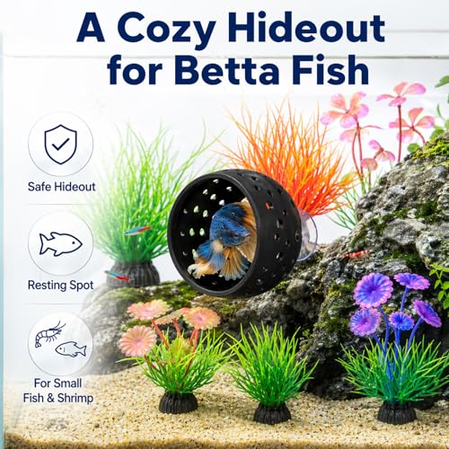Betta Hideout,Betta Tunnel,With Suction Cups And 6 Artificial Aquatic Plants,Betta Fish Tank Accessories,Fish Tank Decorations Betta Caveshrimp Cav (Black) For Small Shrimp To Hide And Rest In
