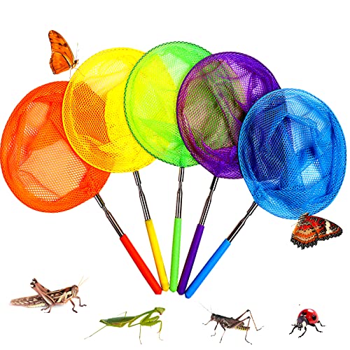 Kids Telescopic Butterfly Fishing Nets for Kids Catching Insect Net Outdoor Tools for Catching Bugs Fish Insect Ladybird, Extendable 34 Inches and Anti Slip Grip - color: 5 Pack