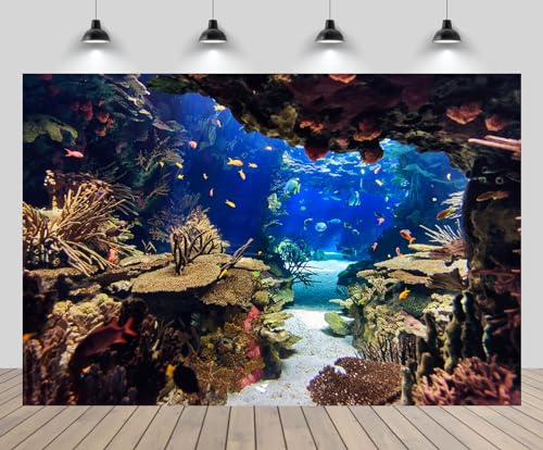 5x4ft Aquarium Backdrop Underwater Coral Plant Tropical Colorful Fish Background Diving Holiday Fishing Mermaid Birthday Party Decoration Photo Props Fish Tank Wallpaper - size: 5x4FT