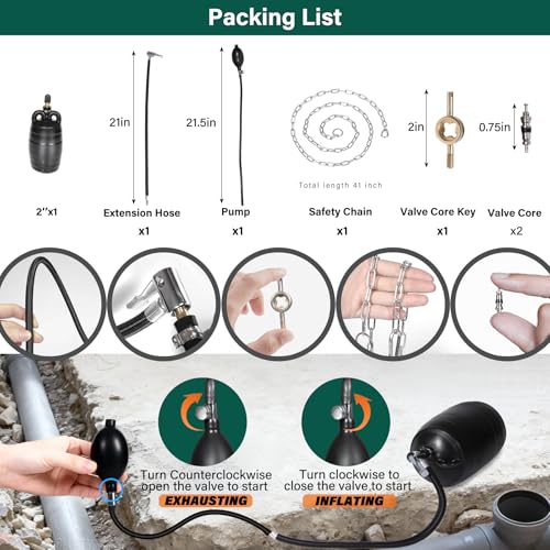2 Inch Inflatable Pipe Plug Balloon Kit with Extension Hose,Safety Chain & Pump, Rubber Sewer Test Ball for Drain Blocking, Plumbing Pressure Testing/Leak Detection(Fits 1.8"-2.2" Pipes) - size: 2 Inch