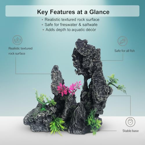 J-star Large Aquarium Rock Mountain Decor – Realistic Resin Landscape Ornament for Fish Tanks – Enhances Underwater Scenery, Easy to Clean, Safe for Fish - size: Large