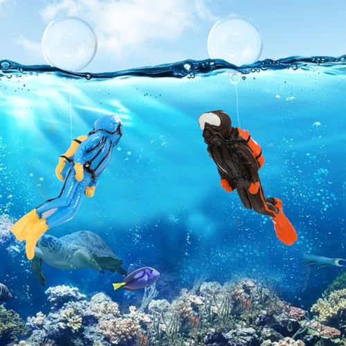 2pcs Diver Aquarium Decorations, Floating Fish Tank Decor Aquarium Diver with Floating Device Diver Figurines, Aquarium Ornament Fish Playmate Fish Tank Accessories - color: Blue Diver+brown Diver (Both With Fishing Line and Floating Balls)