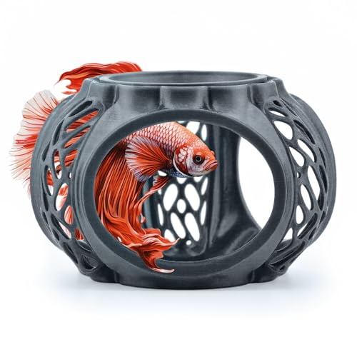 Betta Lair | Swim Through Aquarium Cave & Hideaway – Fish Tank Decoration with Shrimp Feeding Dish for Betta, Shrimp & Small Fish (Anthracite Grey, Small) - color: Anthracite Grey, size: Small