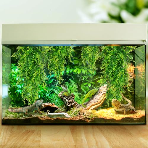 2 Pack Reptile Plants Terrarium Hanging Plant Artificial Leaves Reptile Hide with Suction Cup, Reptile Tank Accessories for Bearded Dragon Lizard Snake Geckos Chameleon