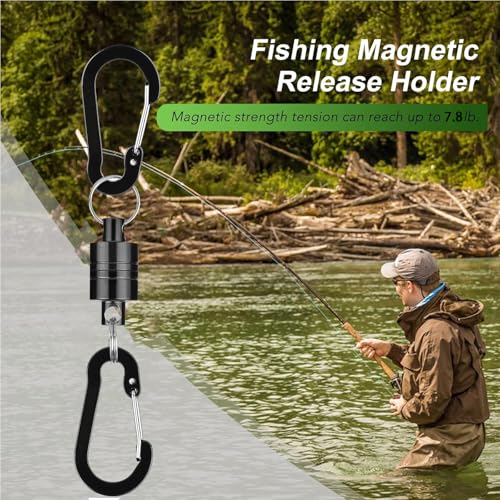 Magnetic Net Release Fly Fishing Net Retractor Magnetic Keychain, for Fly Fishing with Retractable Coiled Lanyard Carabiner - color: Black Aluminum