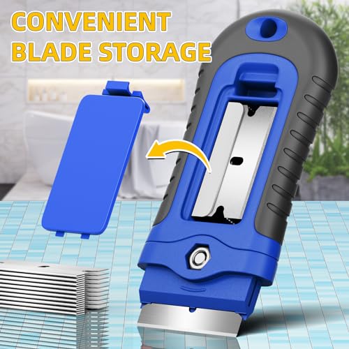 DIYSELF 1 Pack Razor Blade Scraper, Glass Scraper with Extra 15 Blades, Professional Razor Scraper for Glass Stove Top, Window, Cooktop Cleaning, Precision Scraper Tool for Kitchen - color: Blue, size: 1 Pack