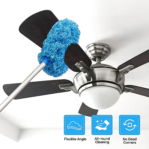 Ceiling Fan Cleaner Duster Reusable Microfiber Ceiling Fan Blade Cleaner Removable Duster with Extension Pole Adjusts 13 to 49.7 Inch for Cleaning Walls Bookshelves Furniture Door Window Top (Blue) - color: Blue