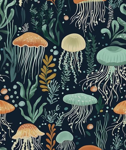 Blue Jellyfish Wallpaper Peel and Stick, Vintage Sea Ocean Contact Paper 17.5" x 393.7", Seaweed Wall Paper Self Adhesive Removable Waterproof for Children's Room Bathroom Shelves Cabinet Table Drawer - color: Dark Blue/Orange, size: 17.5" x 393.7"