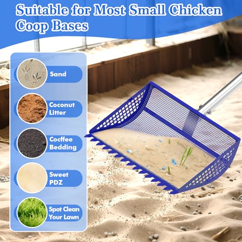 Chicken Poop Scooper Rake 2-in-1,304 Stainless Steel Shovel Head, Chicken Litter Scoop with Handle for Chicken Coop for Sand, Pet Waste Cleaning, Litter Sifting Shovel (35 to 65") (Bule, 12inch) - color: Blue, size: 12Inch