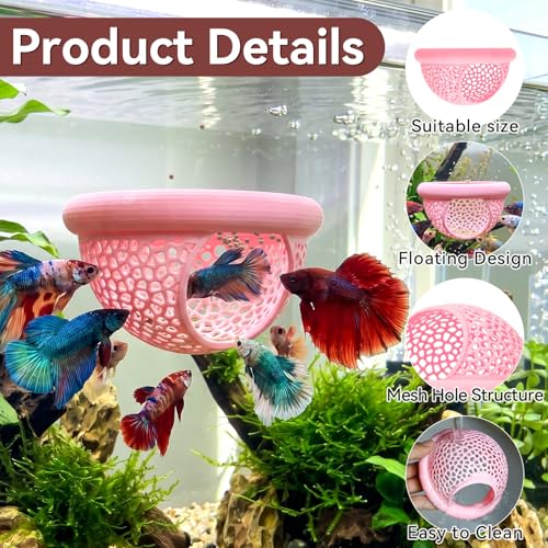 Floating Betta Shrimp Cave, Pink, Large | Multi-Functional Aquarium Hammock, Hiding & Feeding, With Feeding Ring, Tank Resting Spot for Small Fish - color: Pink, size: Large