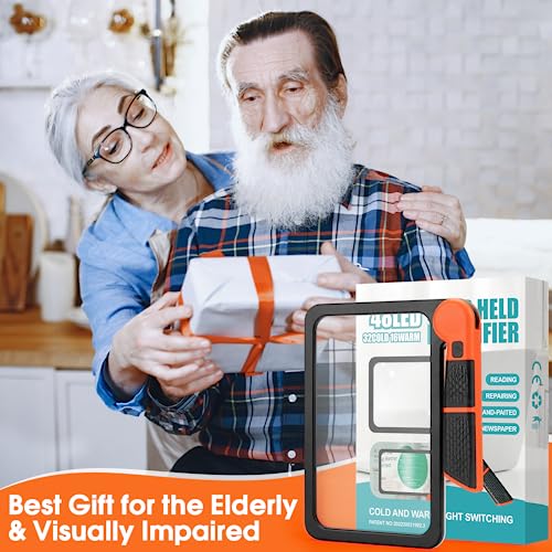 Large Magnifying Glass with Light, Full Page Magnifier 48LED Cold & Warm Light with 3 Modes, Folding Handheld Illuminated Lighted Magnifier for Seniors Low Vision Reading Inspection (Orange)