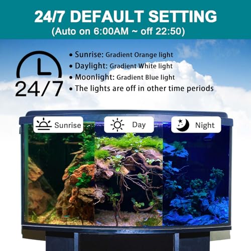 hygger 24/7 Mode Submersible Aquarium LED Light, Full Spectrum Hidden Fish Tank Light with 3 Rows Beads 7 Colors Auto On Off Sunrise-Daylight-Moonlight, Adjustable Timer Brightness - size: 19.9in 12W
