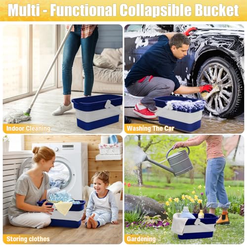 Collapsible Mop Bucket for Cleaning with Handle, Silicone Square Wash Bucket for Windows Cleaning Car Washing,Cleaning Supplies Organizer Plastic Water Bucket - color: Blue