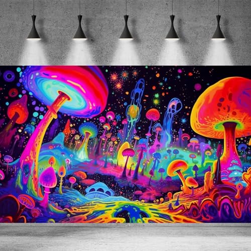 Fantasy Mushrooms Aquarium Background Abstract Mysterious Mushroom Landscape Terrarium Background Amazing Rainbow Mushrooms Theme Fish Tank Backdrop Poster Wallpaper Decorations Vinyl 24x16in - color: Blue Orange, size: 24(W)x16(H)in