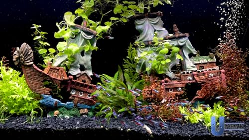 UNEAK - XXL Shipwreck Aquarium Large Decorations Ornament w/Sail (2 Pieces) 20 Gallons high and Larger Fish Tank, Sunken Ship Decoration Ornaments, Pirate Boat, Resin, Freshwater Saltwater Decor - size: 23" x 15"