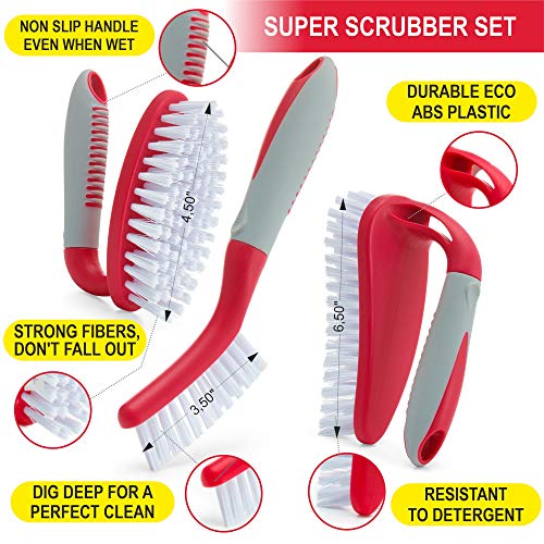 Scrub Brush Set of 3pcs - Cleaning Shower Scrubber with Ergonomic Handle and Durable Bristles - Grout Cleaner Brush - Scrub Brushes for Cleaning Bathroom, Shower, Tile, Kitchen, Floor, Bathtub, Floor - color: Red, Set of 3