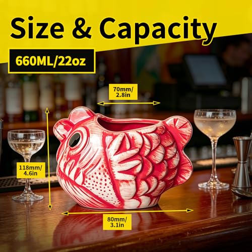 Tiki Mug Glasses Fish Cocktail Cup 1pcs 22oz/650ml Creative Red Tiki Mugs Bar Large Ceramic Hawaiian Themed Tropical Barware for Party Barware