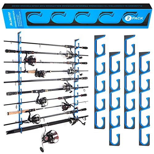 PLUSINNO H5 Horizontal Fishing Rod/Pole Holders for Garage, Wall Ceiling Mounted Fishing Rod Holder, Aviation Aluminum Fishing rod rack Holds up to 5/10/20 Rod or Combos Fishing Gear and Gifts for Men - color: Blue 2pack(store 10 fishing rods or combos)