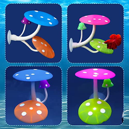 5 pcs Betta Mushroom Hammock + Leaf Pads Fish Tank Silicone Soft Aquarium Fish Playing Pads with Suction Cup Aquarium Ornament Fish Tank Decorations Accessories (Mushrooms+Leaves)