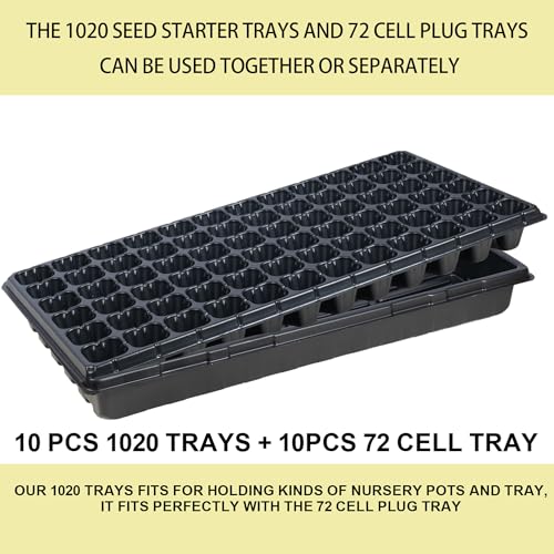 Hourleey 20 Pack Trays Include 10 Pack 1020 Seed Starter Trays and 10 Pack 72 Cell Plug Trays, Thick Durable Plastic Plant Nursery Tray, Propagation Tray for Seedlings Microgreens Fodder Plant