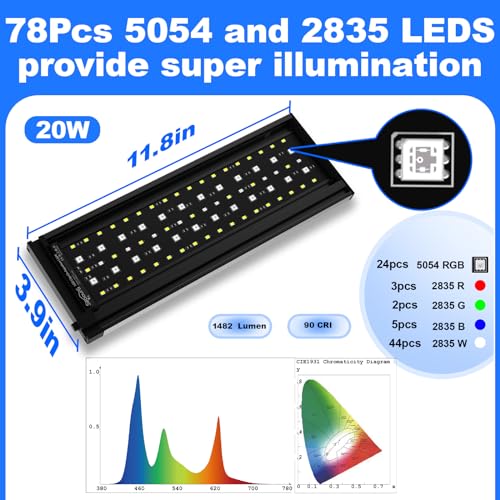 SEAOURA Clip On Aquarium Light for Plants-24/7 Cycle Fish Tank Light with Timer, Full Spectrum+7 Colors Mode, Auto On/Off, Adjustable Brightness and Height, 20W (12inch for 12-20 inch Tank) - size: 12inch for 12-20 inch tank