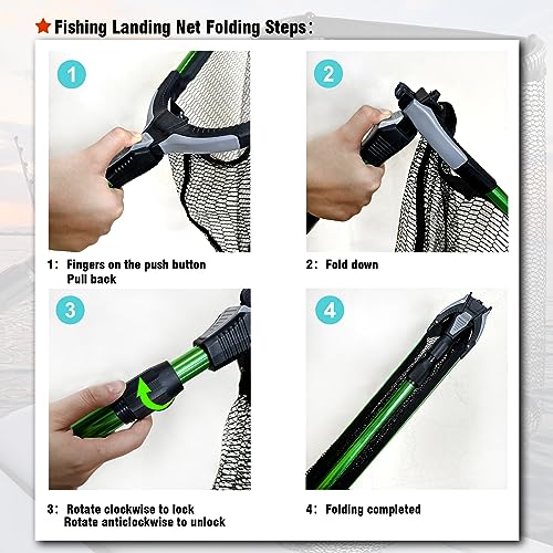 Fiblink Folding Aluminum Fishing Landing Net Fish Net with Extending Telescoping Pole Handle - style: Green:59-118 Inches (Extend Length)