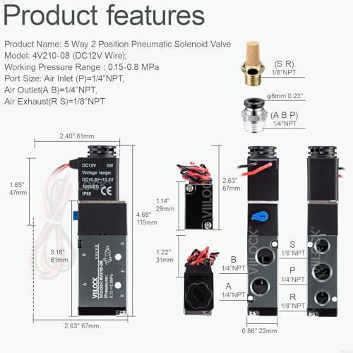 Pneumatic Solenoid Valve, 5 Way 2 Position 1/4”NPT Electric Air Control Valve 4V210-08 (DC12V Wire) - style: DC12V Wire
