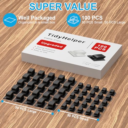 100 PCS Adhesive Cable Clips Black (Small & Large), Upgraded Wire Holder for Wall Cord Organizer Cable Management Under Desk, Outdoor Light Clips Hooks for LED, Car Dash Cam, HDMI, Extension Cord - color: Black, size: Small&Large