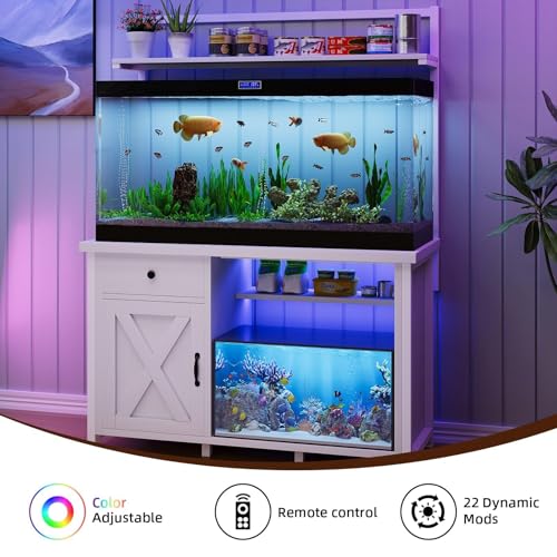 55-75 Gallon Fish Tank Stand with Power Outlet, Led Light, Heavy Duty Aquarium Stand with Cabinet for Fish Tank Accessories Storage, Shelf, for Turtle Tank, Reptile Terrarium, 1100 LBS (White) - color: White