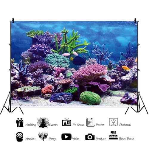 Under The Sea Backdrop 10x8ft Ocean Backdrop Aquarium Background for Hawaii Luau Party Baby Shower Birthday Decor Photography Studio Props - color: Purplish Blue, size: 10x8ft (300x240cm)