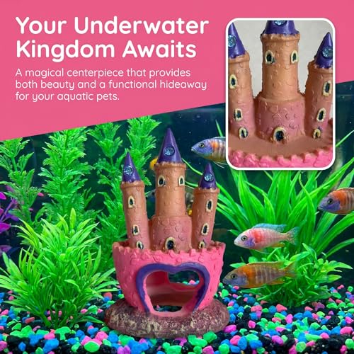 Pink Resin Aquarium Castle Decor, Fish Tank Cave Hideout for Betta Fish, Shrimp, Cichlids - Princess Style Ornament Safe for Freshwater & Saltwater Tanks, Medium Size