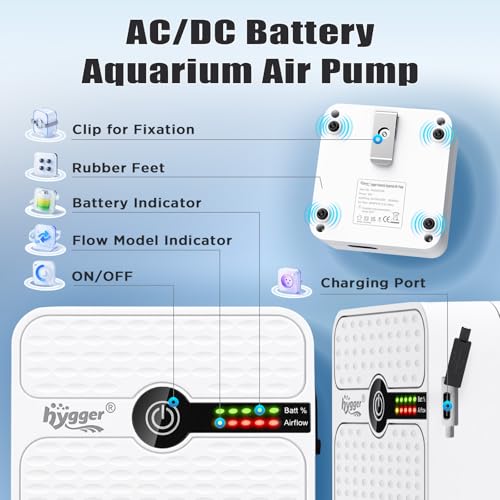 hygger USB Rechargeable Aquarium Air Pump, Battery Powered Quiet Oxygen Pump, Portable Aerator with Air Stone, Adjustable Air Flow with Clip for Bait Bucket, Outdoor Fishing and Power Outages - size: 5W, 5200mAh