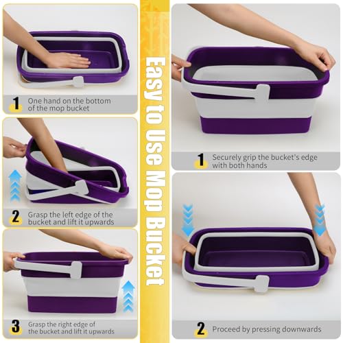 Collapsible Mop Bucket for Cleaning with Handle, Silicone Square Wash Bucket for Windows Cleaning Car Washing,Cleaning Supplies Organizer Plastic Water Bucket - color: Purple