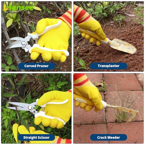 Yellow Garden Tools Set for Women, iHansee 10-Piece Gardening Tool Kit with Handbag, Non-Slip Ergonomic Handles, Gardening Gift for Women, Mom, Garden Lovers - style: Yellow