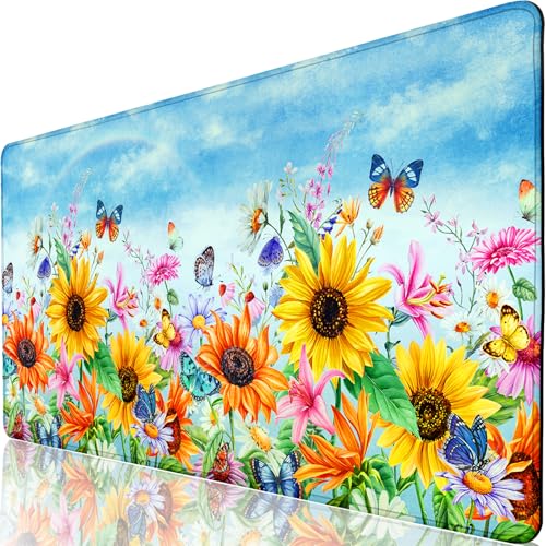 Desk Pad Sunflowers, Big Mouse Pad Flower Butterfly Women Girls Desk Mat Extended Large Gaming Mouse Pad Non-Slip Base Stitched Edge Work Home Office Desks Computer Keyboard Laptop Decor Mouse Mat - color: Blue Sky Sunflowers Butterfly, size: 31.5" x 15.7