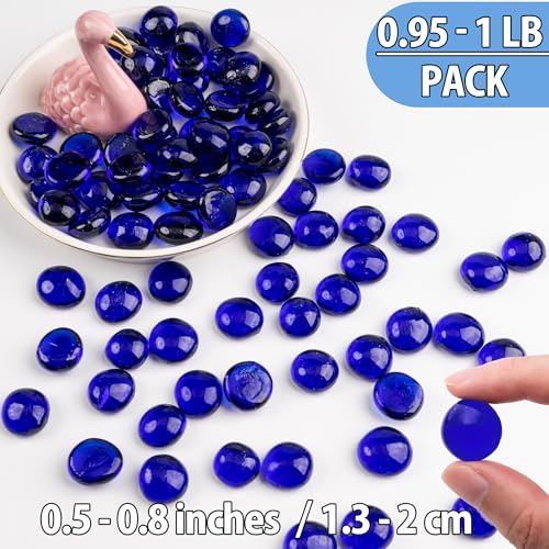 Blue Glass Marbles, 0.97 LB Transparent and Smooth Flat Glass Beads for Vases, Mosaic Gem Pebbles for Aquarium Decor, Floral Arrangements, Mancala Stones, Vase Filler and Crafts (Approx. 80-100 PCS) - color: Blue