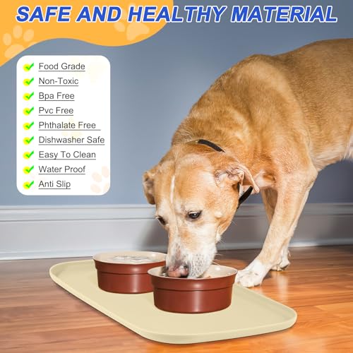 SMILOOL Silicone Pet Food Mat with Raised Edge for Food and Water Bowl, Dog Feeding Mats, Cat Food Trays for Floor Waterproof, Rubber Tray for Dogs and Cats, 19 x 12 x 0.7 White Sand(Yellow Cast) - color: White Sand (Yellow Cast), size: 19"L x 12"W
