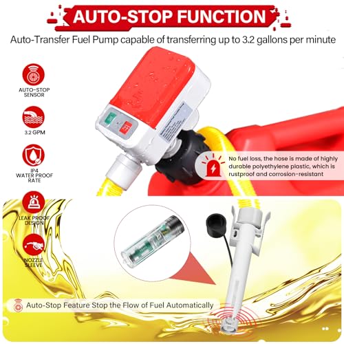 anngrowy Fuel Transfer Pump Battery Powered with Auto-Stop, Gas Can Pump Transfer with 4 Adaptors, 3.2 GPM, 51" Hose, Portable liquid Transfer Pump for Oil, Gasoline, Diesel, Kerosene, Gifts for Him - style: Auto Stop