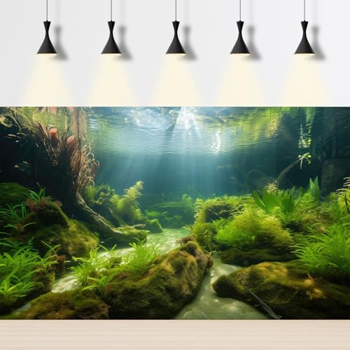 Underwater Aquarium Background Undersea Aquatic Plants Fish Tank Background Ocean Floor Sandy Sea Bed Scene Terrarium Backgrounds Lush Moss Covered Stone Rock Cork Reptile Tank Backgrounds 24x12in - color: Warm Green, size: 24(W)x12(H)in