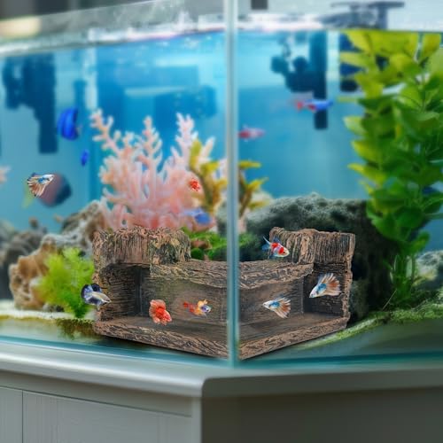 Aquarium Cave, Betta Fish Hideout for Aquarium Fish Tank Decorations- Natural-Looking Wooden Cave for Aquariums - Aquarium Cave for Guppies & Corydoras – Fish Hideout Decor, 5.1"x5.1"x2.7"