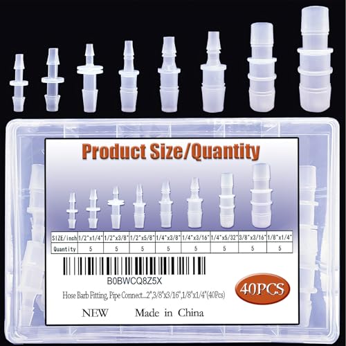 40Pcs Hose Barb Fitting, Barb Reducer, Pipe Connectors Joint Mender Adapter Union for Aquarium Gas Liquid,ID1/2"x1/4",1/2"x3/8",1/2"x5/8",1/4"x3/8",1/4"x3/16", 1/4"x5/32",3/8"x3/16",1/8"x1/4"